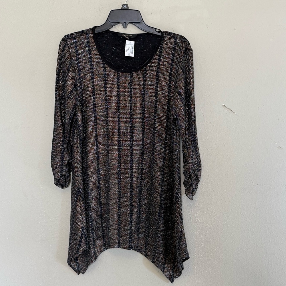Ellen Weaver  Dressbarn Top Women M Black Bronze Silver Shimmer Shark Hem Goth